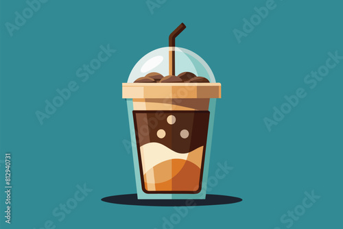 A cup of iced coffee with a straw in it, ready to be enjoyed, Iced coffee Customizable Semi Flat Illustration photo