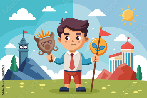 A man holds a mask and a shield in a customizable cartoon illustration depicting ideological differences, Ideological difference Customizable Cartoon Illustration