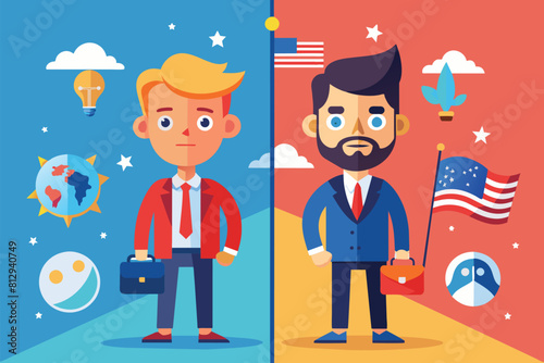 Two men standing beside each other, one holding a flag, Ideological difference Customizable Cartoon Illustration