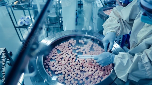 A worker in a pharmaceutical factory wearing a protective suit and gloves works on a machine that is mixing a large batch of pills.