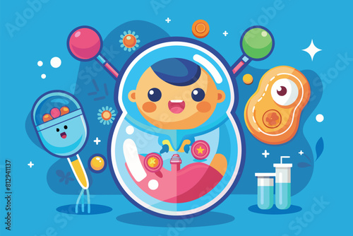 Customizable cartoon character set against a vibrant blue background, In vitro fertilization Customizable Cartoon Illustration