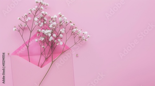 Birthday party invitation concept Top view photo of pink envelope paper card and white gypsophila flowers on isolated pastel pink background with blank space : Generative AI
