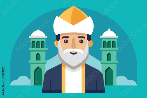 A man with a beard dressed in a white hat, Imam Customizable Flat Illustration