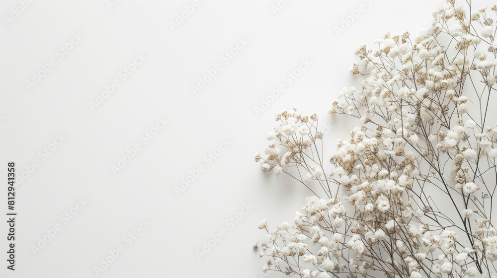 White background with dried white flowers on the right side with copy space, Design for displaying product White background with dried white flowers on the right side with copy space, Design for displaying product