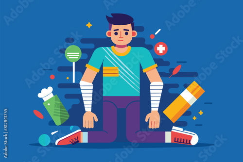 A man seated on the ground with bandages wrapped around his legs due to injuries, Injury Customizable Flat Illustration