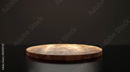 Eco rustic wood circle disc platform podium canvas fabric on black background Minimal empty display product presentation scene : Generative AI photo