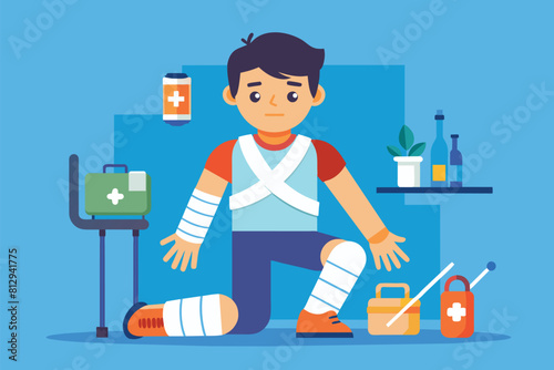 A man with a broken leg sits on the floor in this illustration, Injury Customizable Disproportionate Illustration