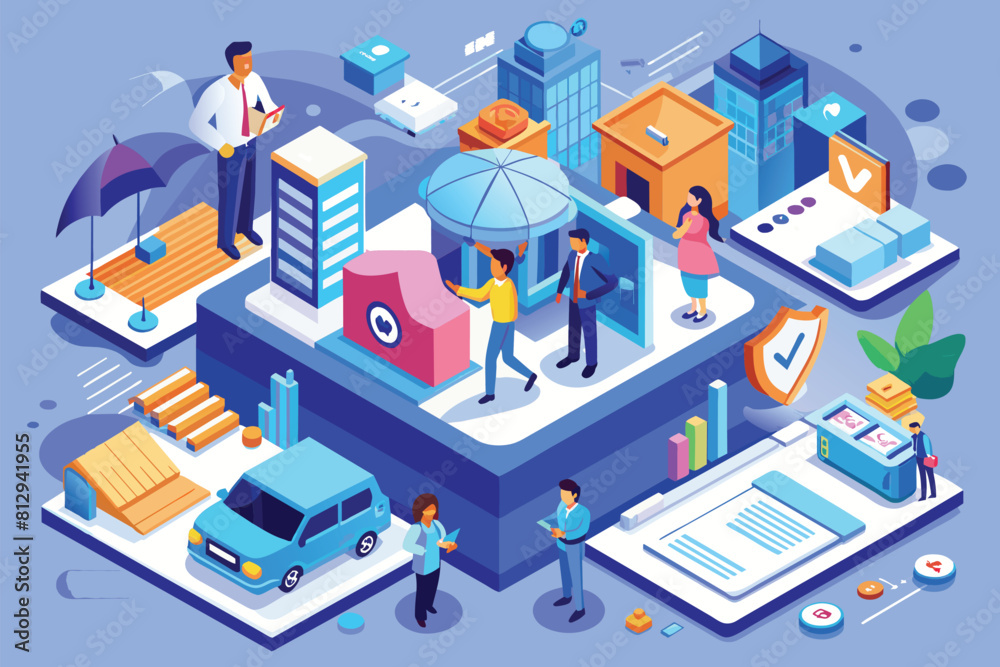 Obraz premium A group of people gathered on the rooftop of a building, standing together and looking out over the city, Insurance Customizable Isometric Illustration