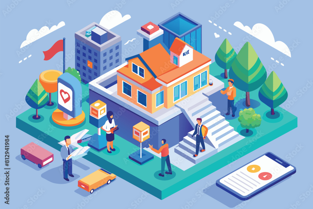 A group of people are gathered outside of a house, Insurance Customizable Isometric Illustration
