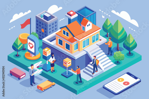 A group of people are gathered outside of a house  Insurance Customizable Isometric Illustration