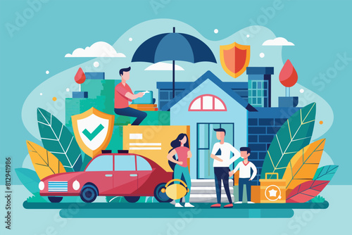 A group of individuals standing together in front of a house, Insurance Customizable Semi Flat Illustration