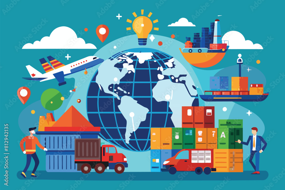 Naklejka premium A man stands next to a globe with various cargo boxes around him in a global trade setting, International trade Customizable Semi Flat Illustration