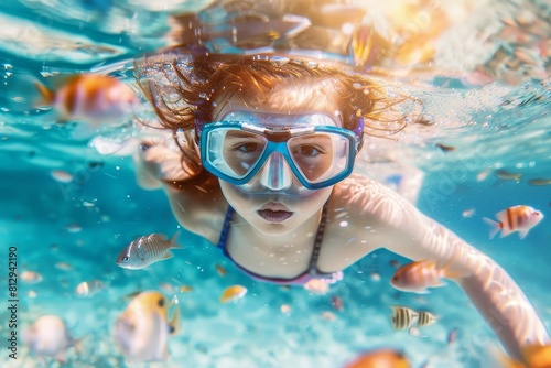A young girl is swimming in the ocean wearing a blue snorkel and goggles © Aliaksandr Siamko