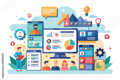 A computer screen displaying individuals and various icons, representing online interaction, Intranet Customizable Flat Illustration