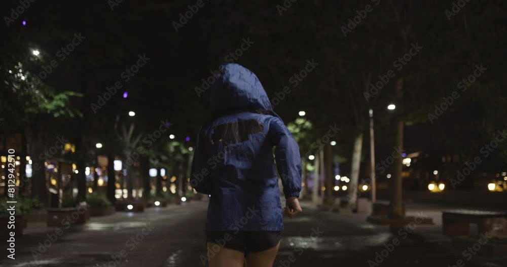 A woman wearing rain rustler running on a street at night. Raining. Back view recorded at 120 fps on cinema camera. A woman wearing rain rustler running on a street at night. Raining. Back view recorded at 120 fps on cinema camera.
