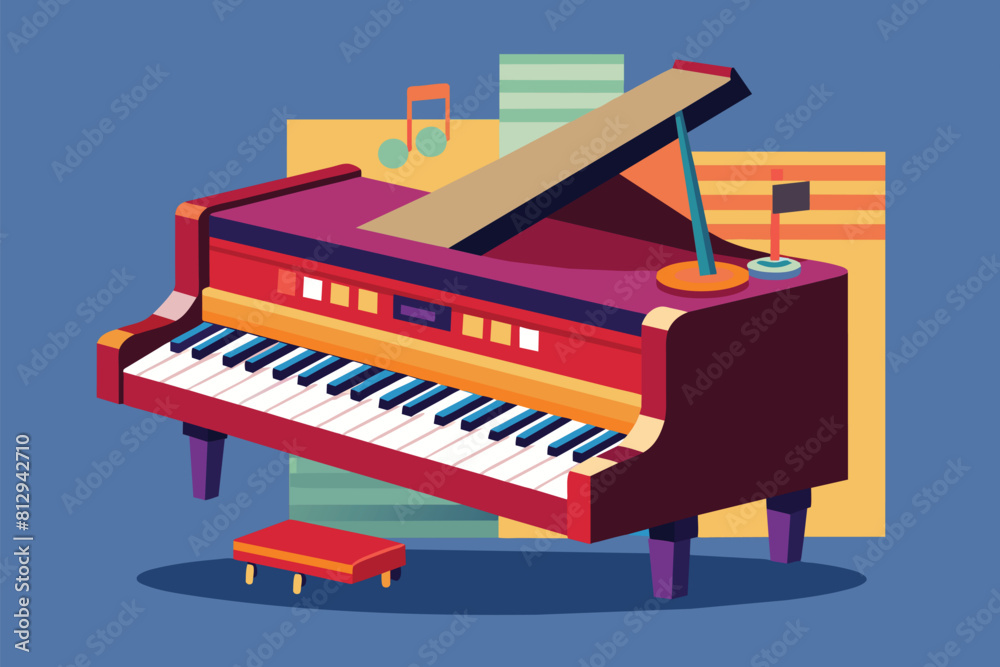 A red piano stands out against a stark blue background, creating a striking contrast, Jazz piano Customizable Cartoon Illustration