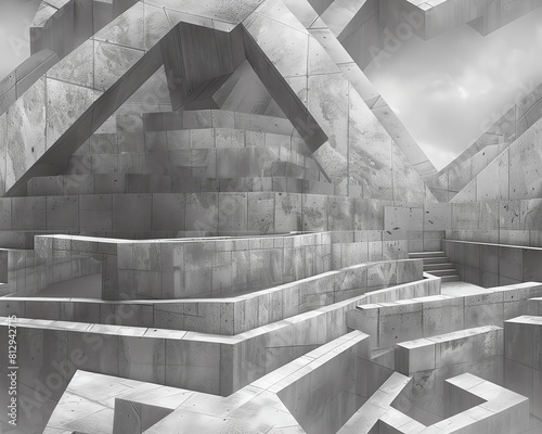 Capture a minimalist labyrinth design from a high angle, incorporating Freudian symbolism in a grayscale palette with sharp geometric lines photo