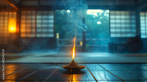 A single incense stick burning, its smoke curling upwards in a serene room.