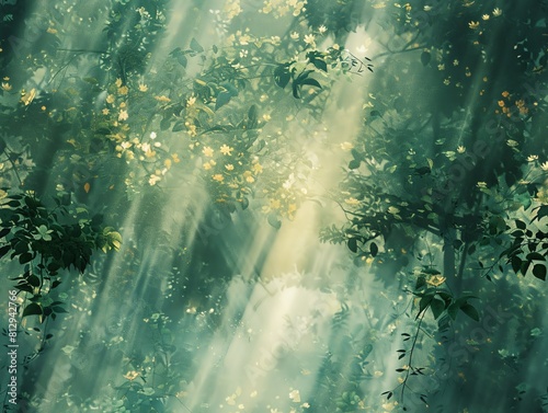 Capture a mystical forest scene from a worms-eye view with sunlight filtering through lush foliage  casting enchanting shadows Use watercolor for a dreamy  ethereal effect