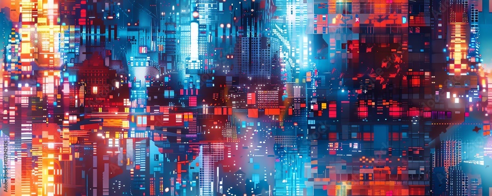 Capture the essence of a bustling cityscape at dawn using a blend of vivid colors and distorted shapes in a digital Psychological Impressionism style Capture the essence of a bustling cityscape at dawn using a blend of vivid colors and distorted shapes in a digital Psychological Impressionism style