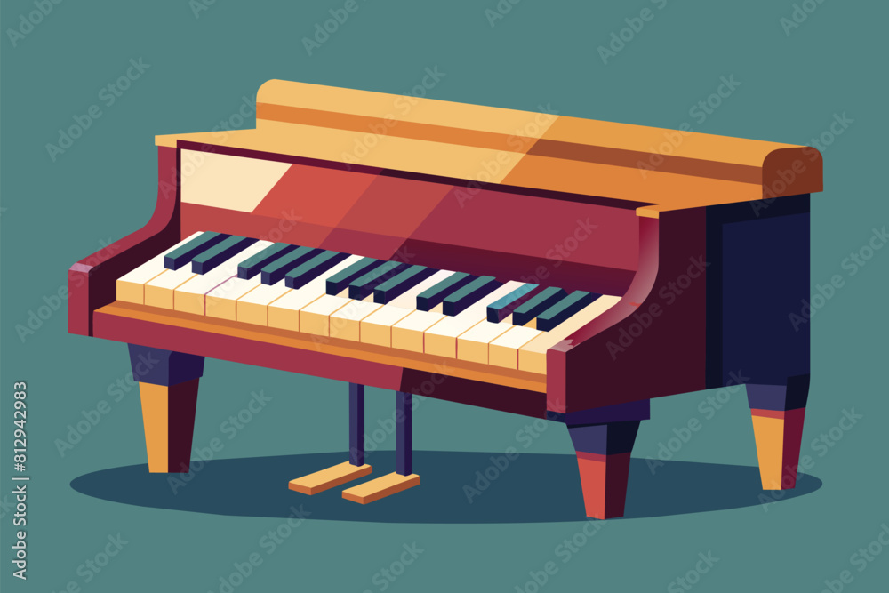 A red piano with a wooden stand against a vivid green backdrop, Jazz piano Customizable Semi Flat Illustration A red piano with a wooden stand against a vivid green backdrop, Jazz piano Customizable Semi Flat Illustration