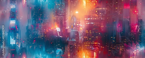 Capture the essence of a bustling cityscape at dawn using a blend of vivid colors and distorted shapes in a digital Psychological Impressionism style