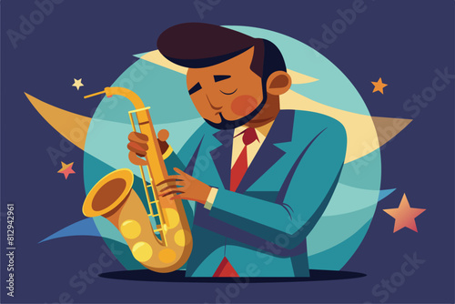 A man dressed in a suit playing a saxophone, Jazz saxophonist Customizable Cartoon Illustration