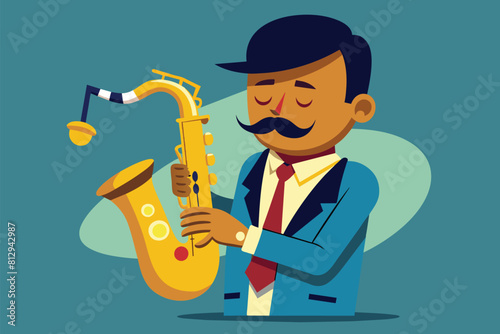 A man with a mustache playing a saxophone, immersed in a musical performance, Jazz saxophonist Customizable Cartoon Illustration