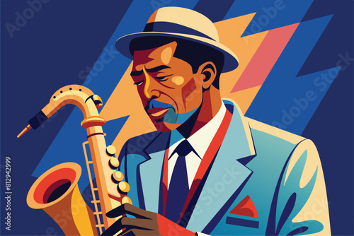 A painting of a man energetically playing a saxophone in a jazz performance, Jazz saxophonist Customizable Disproportionate Illustration