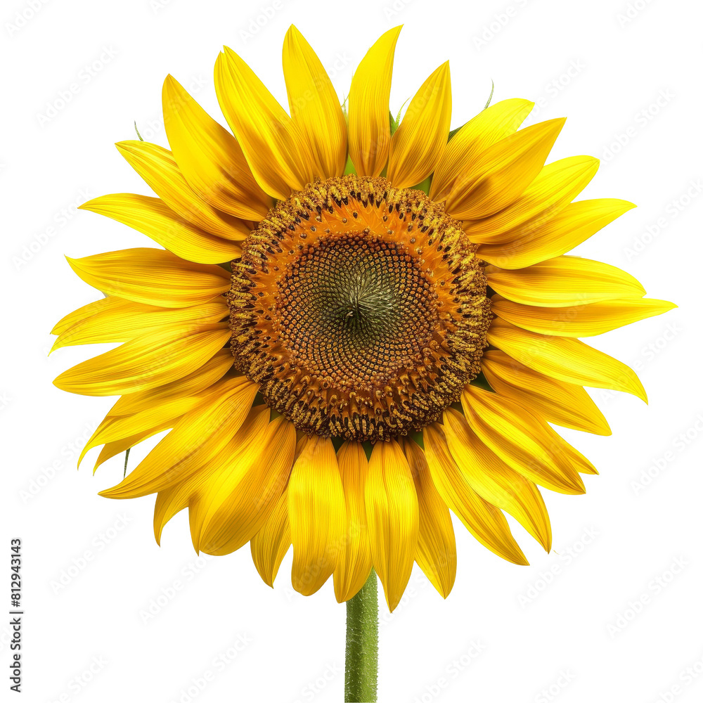 Fototapeta premium Bright yellow sunflower, large head, facing front, isolated on a white background, ideal for die cut PNG style