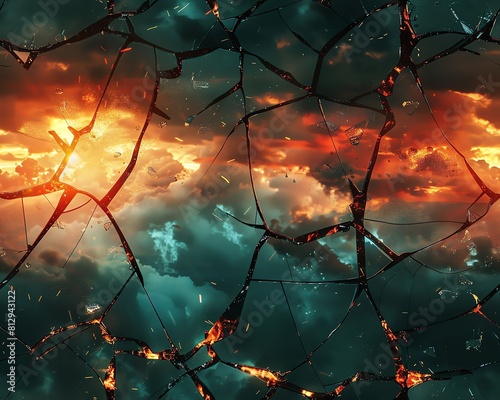 Capture the intricate web of shattered glass reflecting a fiery