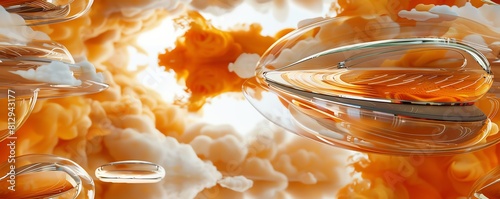 Capture the sleek lines of futuristic cooking gadgets against a backdrop of swirling saffron clouds Utilize a dynamic tilted angle to convey innovation meeting tradition in a culin photo