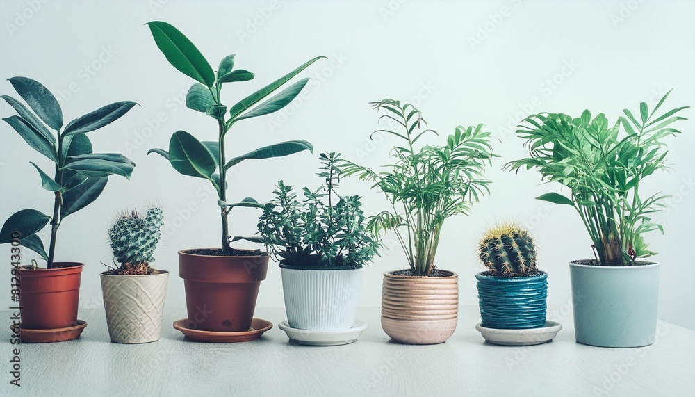 collection of ornamental plants in pots on white background