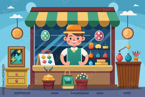 A man standing in front of a jewelry shop selling items on display, Jewelry shop Customizable Cartoon Illustration