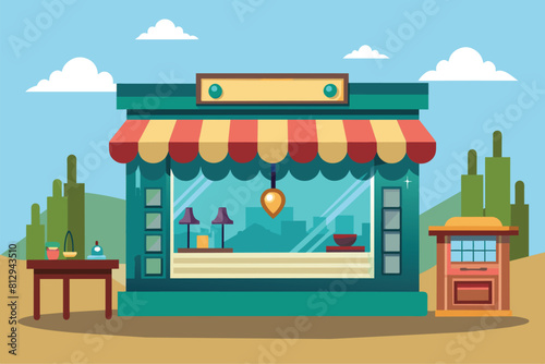 A small store with a red and white awning on a city street corner, Jewelry shop Customizable Semi Flat Illustration