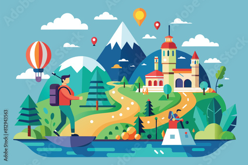 A castle sits in the center of a vibrant lake in this colorful illustration, Journey Customizable Flat Illustration