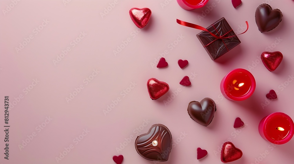 Valentines day greeting card with red gifts hearts chocolate sweets and candles on pink background View from above Copy space : Generative AI Valentines day greeting card with red gifts hearts chocolate sweets and candles on pink background View from above Copy space : Generative AI
