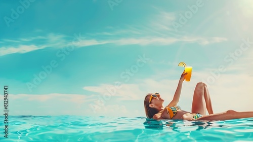 Beach suntan bikini woman sunbathing lying in ocean drinking tropical drink Travel vacation paradise banner panorama background copy space on blue sky : Generative AI photo