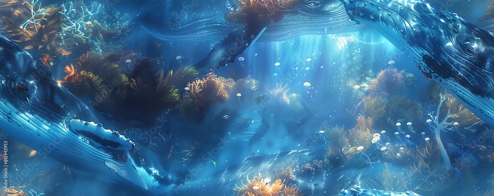 Create a stunning wide-angle scene where a majestic humpback whale elegantly navigates through a dense kelp forest Create a stunning wide-angle scene where a majestic humpback whale elegantly navigates through a dense kelp forest