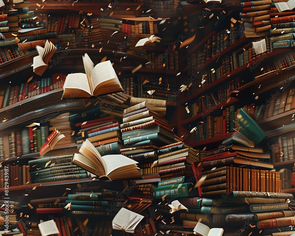 Obraz premium Create a high-angle view illustration blending classic literature Depict an elegant library scene with floating books