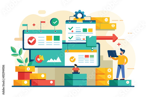 A man standing on a pile of boxes in a warehouse setting, Kanban method Customizable Flat Illustration