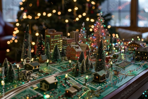Charming miniature town adorned with christmas trees and twinkling lights, capturing the holiday spirit