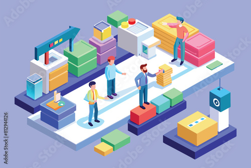 A group of individuals standing together in front of a store, engaging in conversation and observing the surroundings, Kanban method Customizable Isometric Illustration © Iftikhar alam