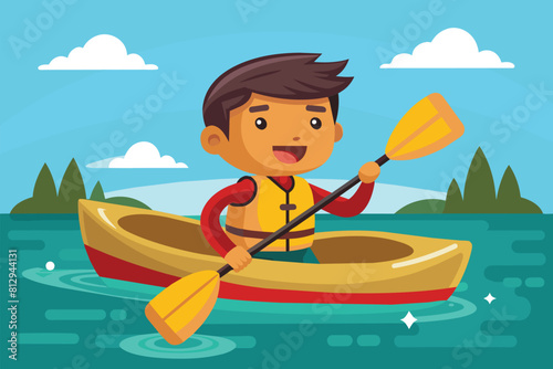 A man is in a boat on the water, using a paddle to move, Kayaking Customizable Disproportionate Illustration