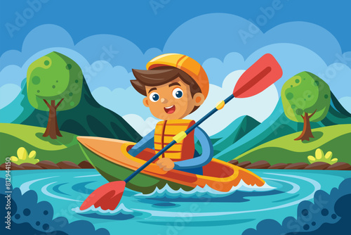 A boy is navigating a kayak in the river, Kayaking Customizable Cartoon Illustration © Iftikhar alam