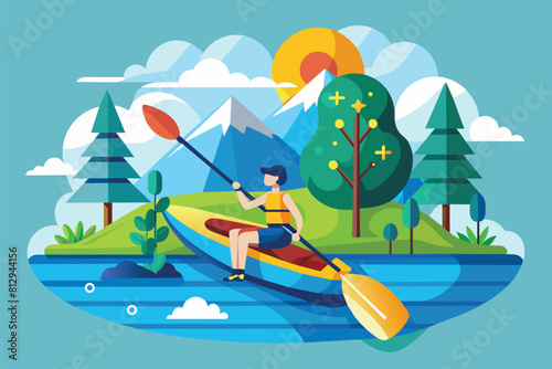 A person in a kayak paddling down a river with majestic mountains in the background, Kayaking Customizable Flat Illustration