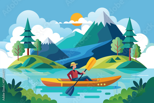 A man wearing a hat is actively paddling a canoe on the water, Kayaking Customizable Flat Illustration