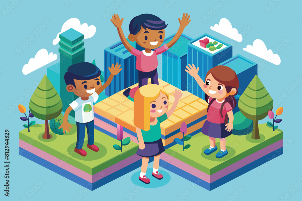 A group of children standing around a bed, interacting with each other, Kids high five Customizable Isometric Illustration A group of children standing around a bed, interacting with each other, Kids high five Customizable Isometric Illustration