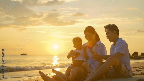 Happy asian family that enjoys beach activities during the summer holidays Parent and children enjoy the sunset sea on beach Summer vacations and Holiday travel conceps : Generative AI photo