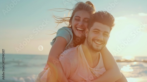 Romantic young couple enjoying summer holidays Handsome young man giving piggyback ride to girlfriend on beach : Generative AI